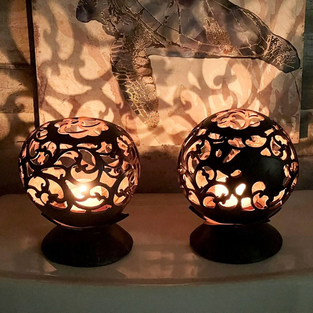 Hand Carved Wooden Tea light Holder Sphere Shaped Floral Decorative Lantern Set